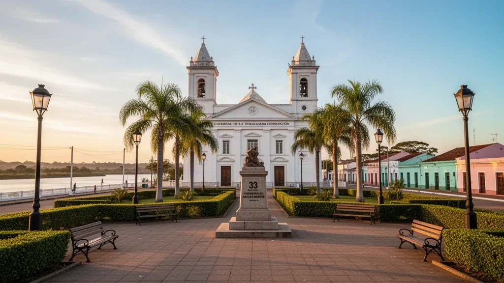 Catedral de Treinta y Tres y Plaza 19 de Abril en Uruguay, con el río Olimar y un paisaje urbano de edificios bajos bajo la luz dorada del atardecer.