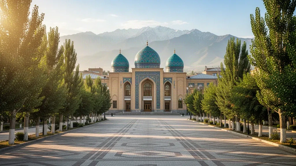 Von Bäumen gesäumter Boulevard in Fergana, Usbekistan, mit einem Palastgebäude mit türkisfarbener Kuppel und den Ausläufern des Tian Shan dahinter