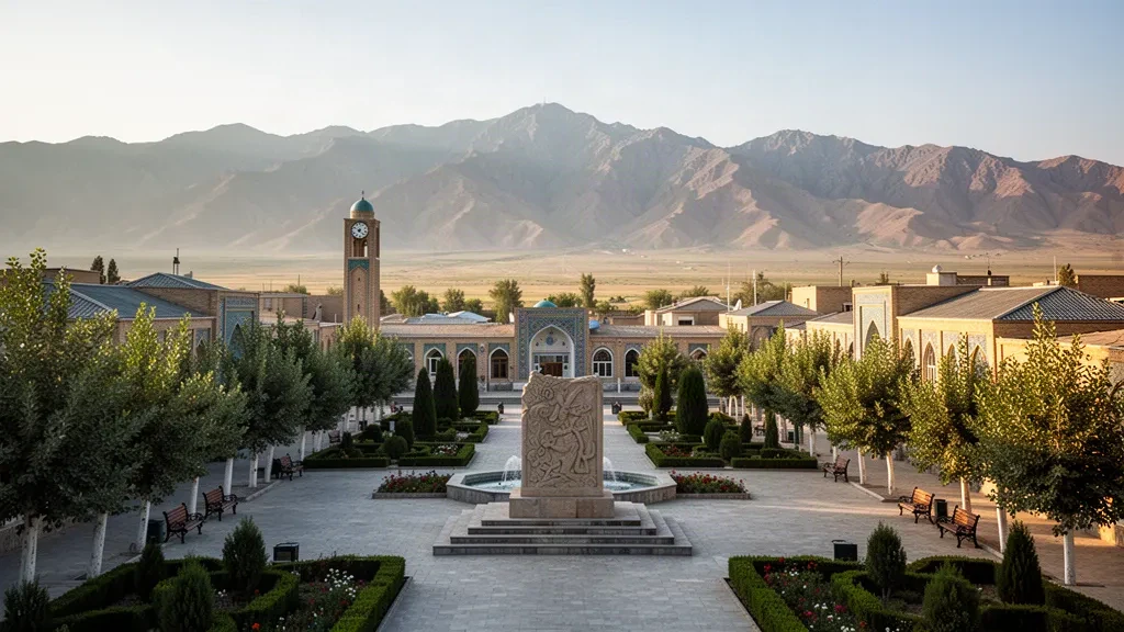Sonnenbeschienener Blick über das Zentrum von Jizzakh, Usbekistan, mit von Bäumen gesäumten Alleen am Platz und den Ausläufern des Turkestan-Gebirges dahinter