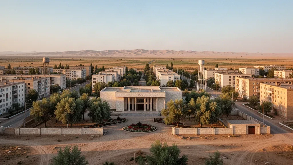 Blick zur goldenen Stunde auf Nukus, die Hauptstadt Karakalpakstans, mit niedrigen Straßen, Schattenbäumen und dem Savitsky-Museum unter einem warmen Wüstenhimmel