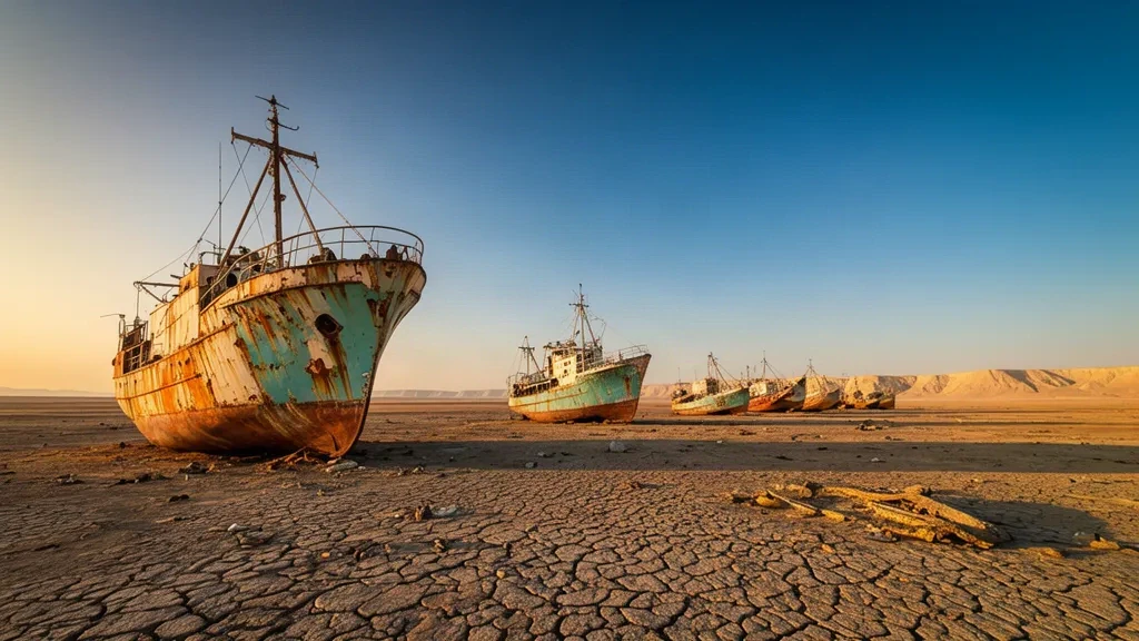 Navires échoués et rouillés sur le lit asséché de la mer d'Aral au cimetière de navires de Moynaq au Karakalpakstan, en Ouzbékistan, sous une lumière d'heure dorée