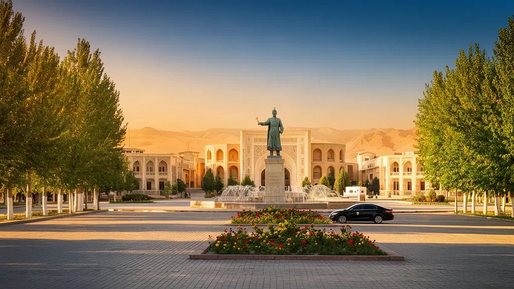 Golden-hour view of Navoiy, Uzbekistan with its tree-lined avenue, fountains and Alisher Navoi monument beneath a clear Central Asian sky