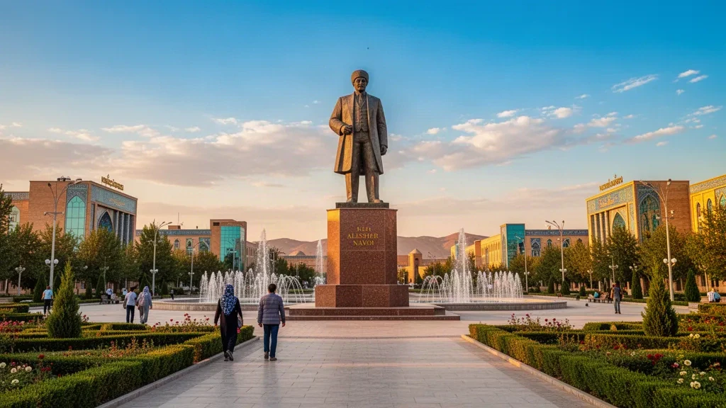 Alisher Navoi Monument in Navoiy, Uzbekistan, surrounded by a sunny public square with fountains and modern architecture.