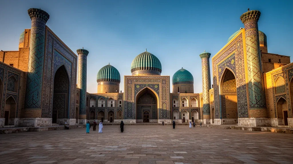 Madrase e minareti con piastrelle turchesi della Piazza del Registan a Samarcanda, Uzbekistan, che brillano nella calda luce dell'ora d'oro