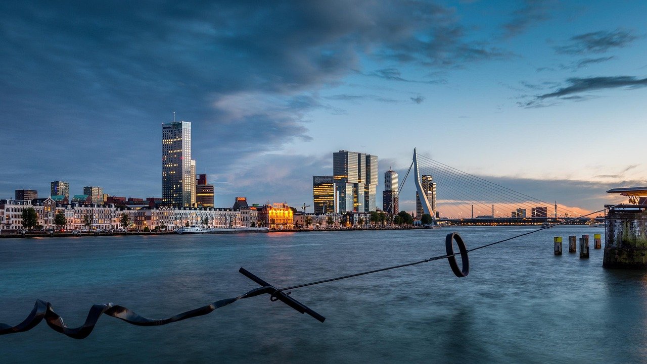 rotterdam, maastoren, puente erasmus, tendedero, horizonte, vista, puente, naturaleza, atardecer, malla