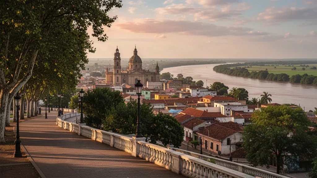 Veduta di Paraná, Entre Ríos, Argentina, nell'ora dorata, con la Cattedrale Metropolitana che si erge sopra la passeggiata sul lungofiume del Paraná.