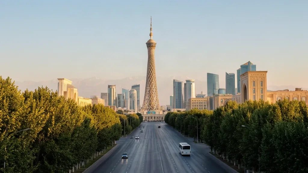 Tashkent skyline at golden hour with the TV Tower and modern Tashkent City towers above tree-lined streets