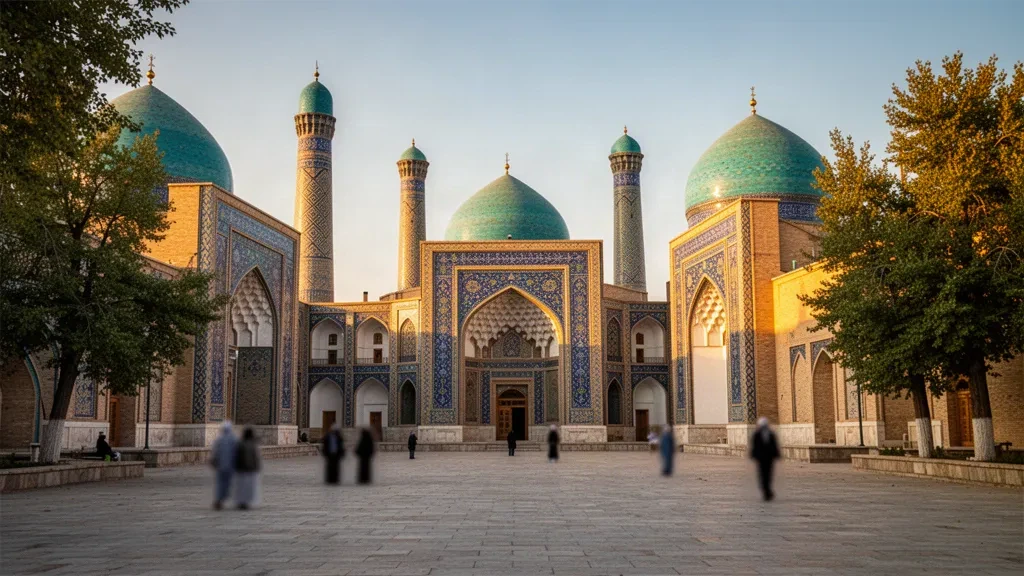 Dômes et minarets aux tuiles turquoise du complexe Hazrati Imam à Tachkent, en Ouzbékistan, baignés d'une chaude lumière de fin d'après-midi