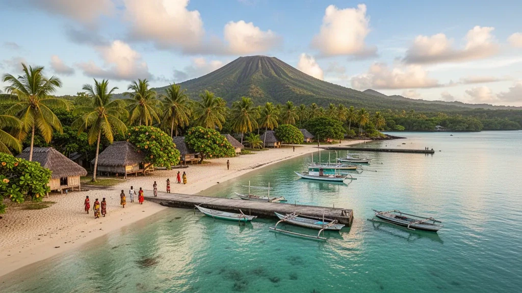 Il lungomare di Lakatoro a Malampa, Vanuatu, con barche, laguna turchese, palme e verdi colline vulcaniche sotto un cielo tropicale.