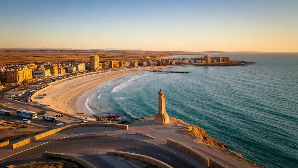 Vista a la hora dorada del paseo costero de Puerto Madryn y Bahía Nueva en Chubut, Patagonia, con el monumento Tehuelche y el horizonte abierto del Atlántico