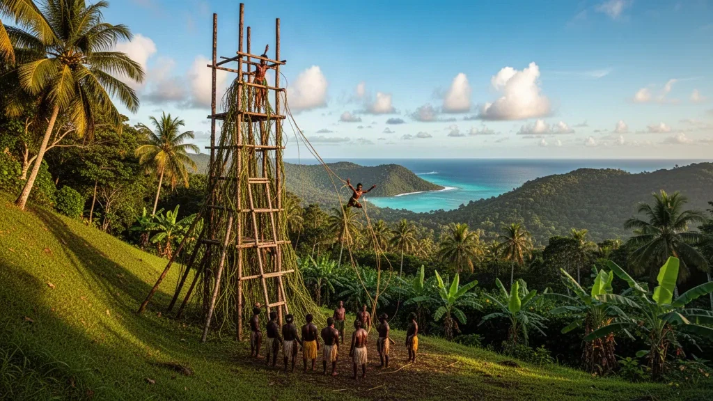 Torre tradizionale per il land diving sull'isola di Pentecost, nella provincia di Penama, Vanuatu, circondata da lussureggiante foresta pluviale tropicale e oceano turchese.