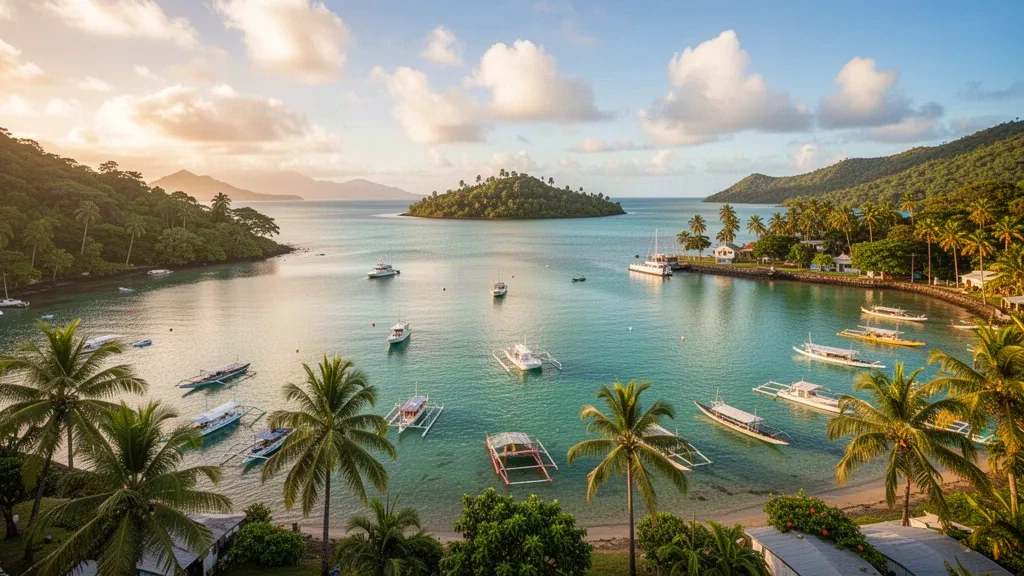 Front de mer du port de Port-Vila et île d'Iririki dans la province de Shefa, au Vanuatu, sous une douce lumière dorée