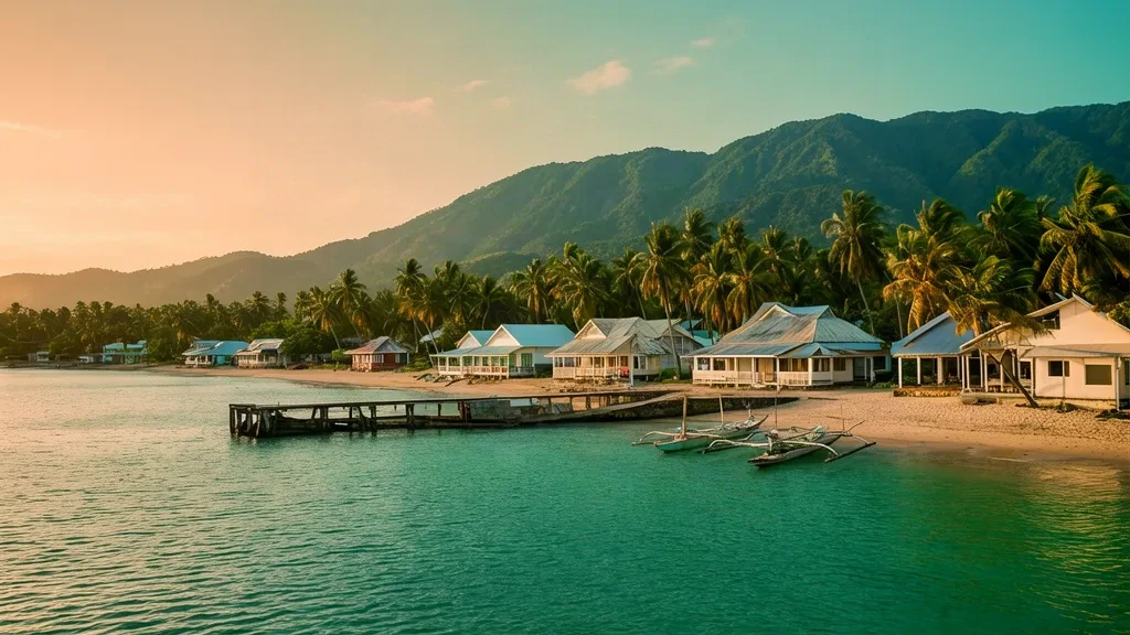 Die Uferpromenade von Luganville auf Espiritu Santo, Vanuatu, mit türkisfarbener Lagune, Palmenhainen und grünen Bergen zur goldenen Stunde
