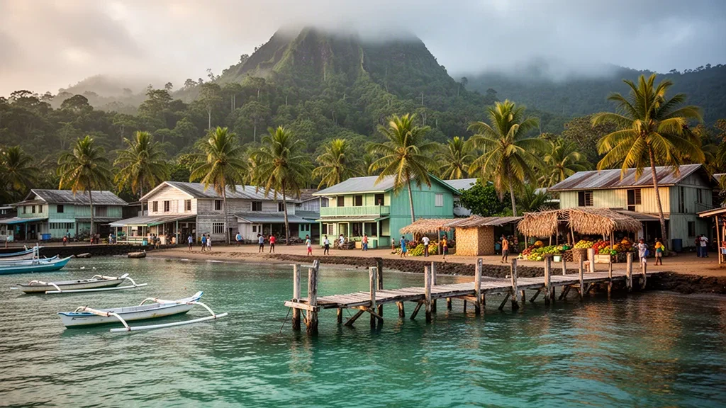 Puerto iluminado por el sol y paseo marítimo bordeado de palmeras en Luganville, Provincia de Sanma, Vanuatu, con canoas de batanga de madera y colinas volcánicas verdes detrás