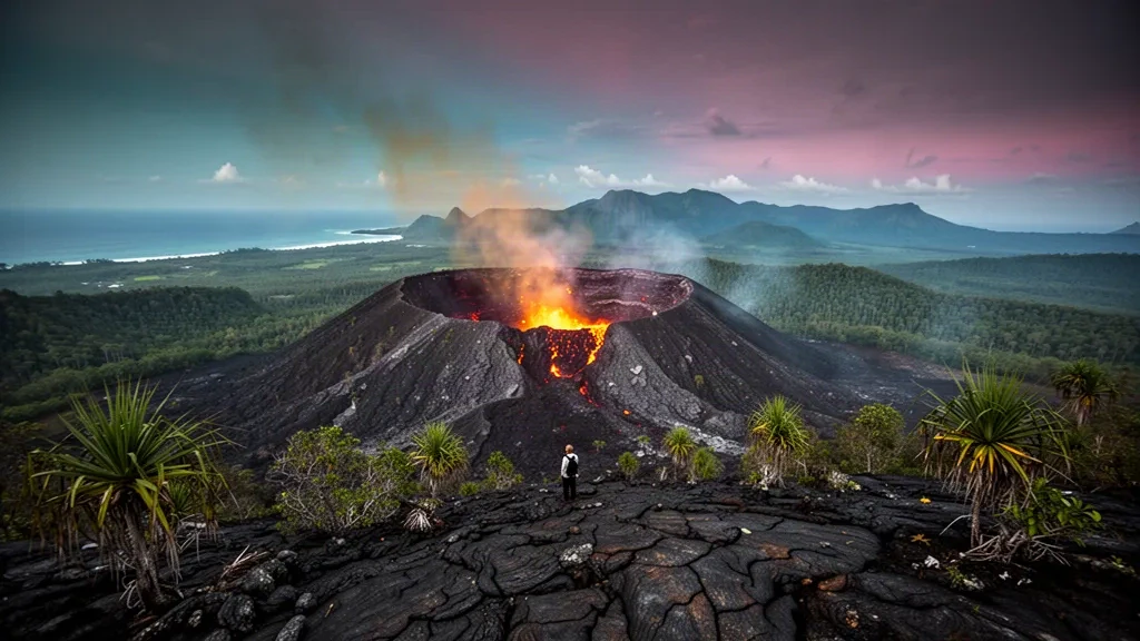 Lueur de lave à l'intérieur du cratère du mont Yasur sur Tanna, province de Tafea, Vanuatu, au crépuscule avec un panache de cendres volcaniques dérivant