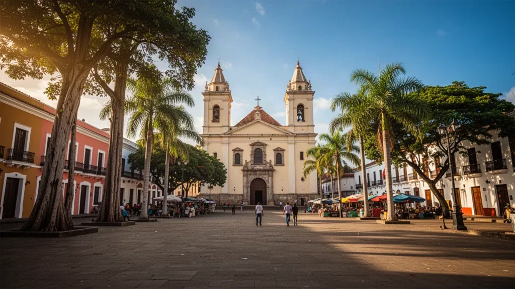 Vista durante la hora dorada de la Catedral de San Cristóbal y la Plaza Boyacá en Barcelona, Anzoátegui, Venezuela