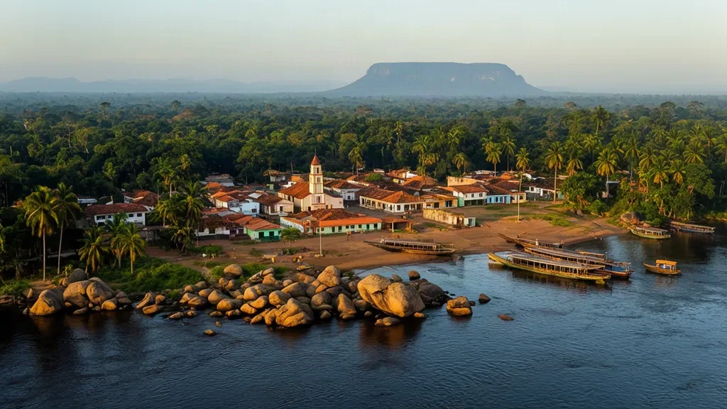 Veduta dell'ora d'oro di Puerto Ayacucho, Amazonas, Venezuela, con massi del fiume Orinoco, barche in legno, foresta pluviale e tepui in lontananza.