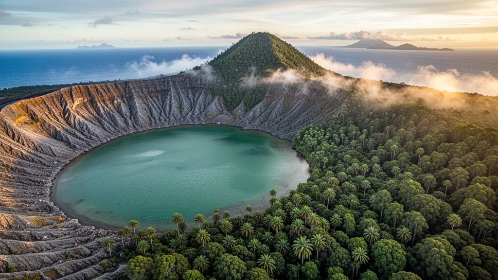 Aerial view of Lake Letas crater lake and Mount Gharat volcano surrounded by rainforest on Gaua island in Torba Province, Vanuatu