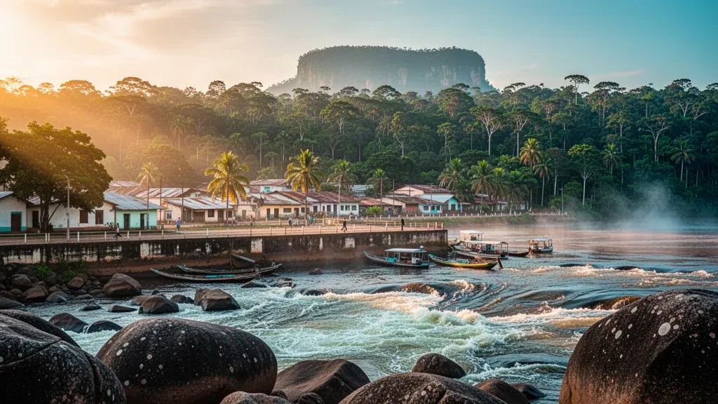 Venezuela, Amazonas'taki Orinoco Nehri kıyısında, yağmur ormanları ve akıntılarla çevrili Puerto Ayacucho nehir kıyısı, altın saatlerde