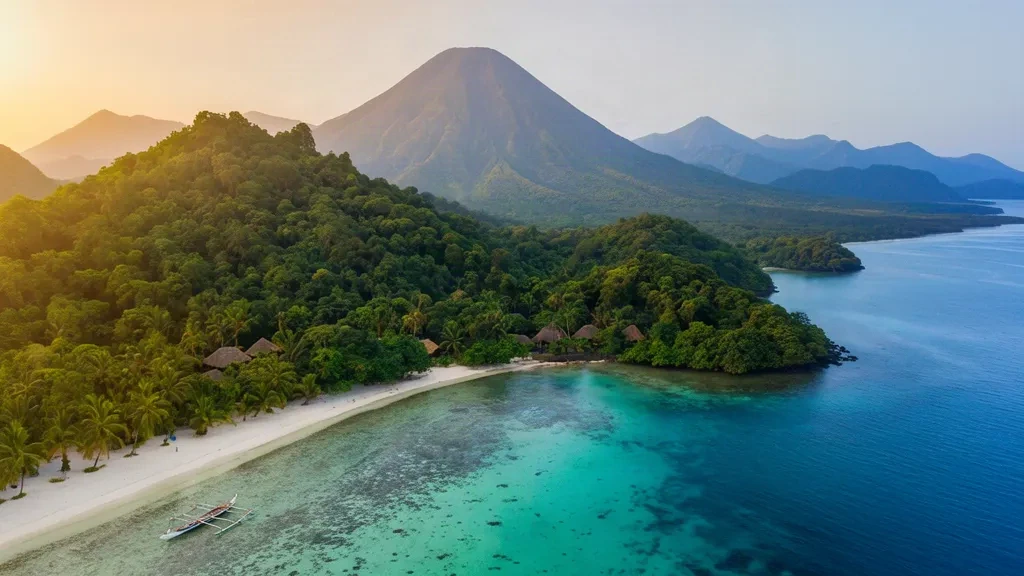 Laguna turquesa y picos volcánicos de la provincia de Torba en Vanuatu vistos desde una costa bordeada de palmeras a la hora dorada