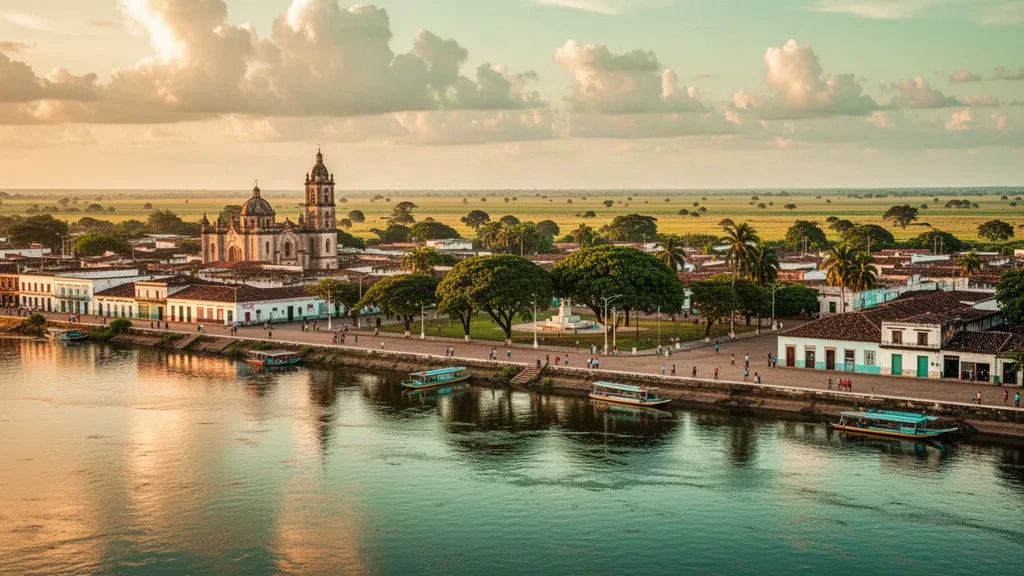 Riverside view of San Fernando de Apure, Venezuela, with the Apure River, cathedral, and llanos sky at golden hour.