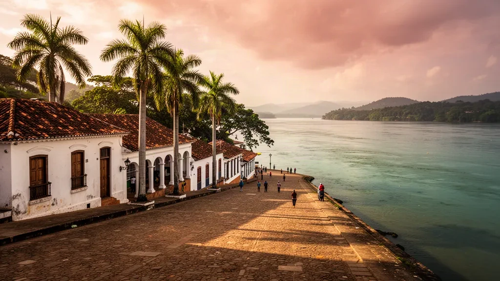 Edificios coloniales junto al río y paseo flanqueado por palmeras en Ciudad Bolívar, Venezuela, sobre el río Orinoco durante la hora dorada