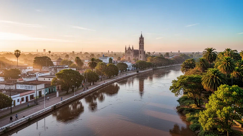 Blick zur goldenen Stunde auf Formosa, Argentinien, mit der Uferpromenade am Paraguay-Fluss, der Costanera-Promenade und einer niedrigen Stadtsilhouette.