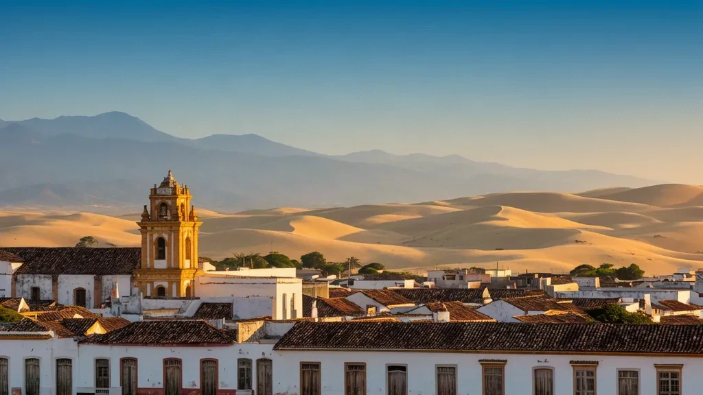 Toits coloniaux de Coro dans l'État de Falcón, au Venezuela, avec les dunes dorées de Médanos et les montagnes lointaines au coucher du soleil