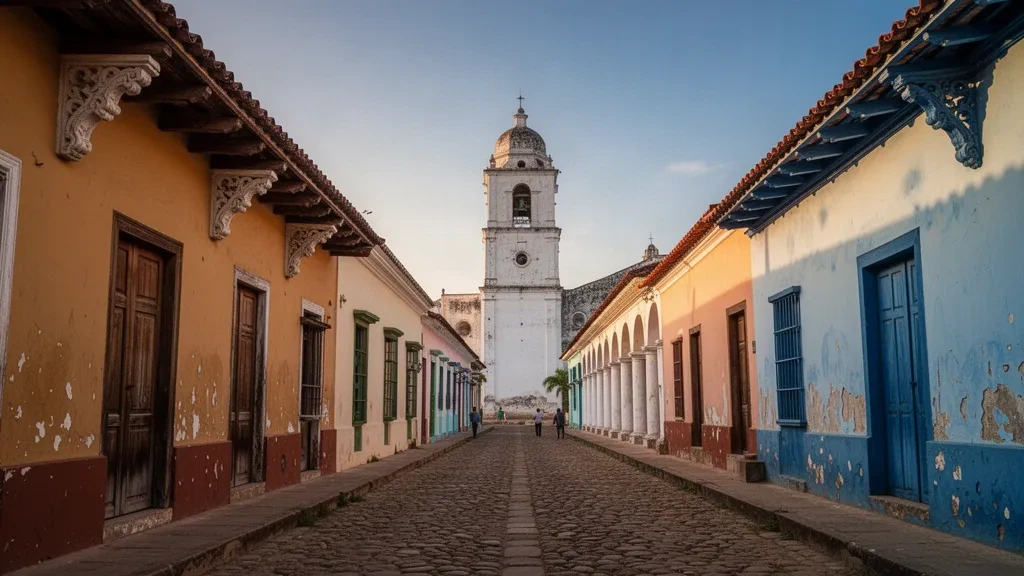 Venezuela'daki Falcón eyaletinin tarihi başkenti Coro'nun sömürge dönemi evleri ve katedral çan kulesi üzerinde altın saat güneş ışığı
