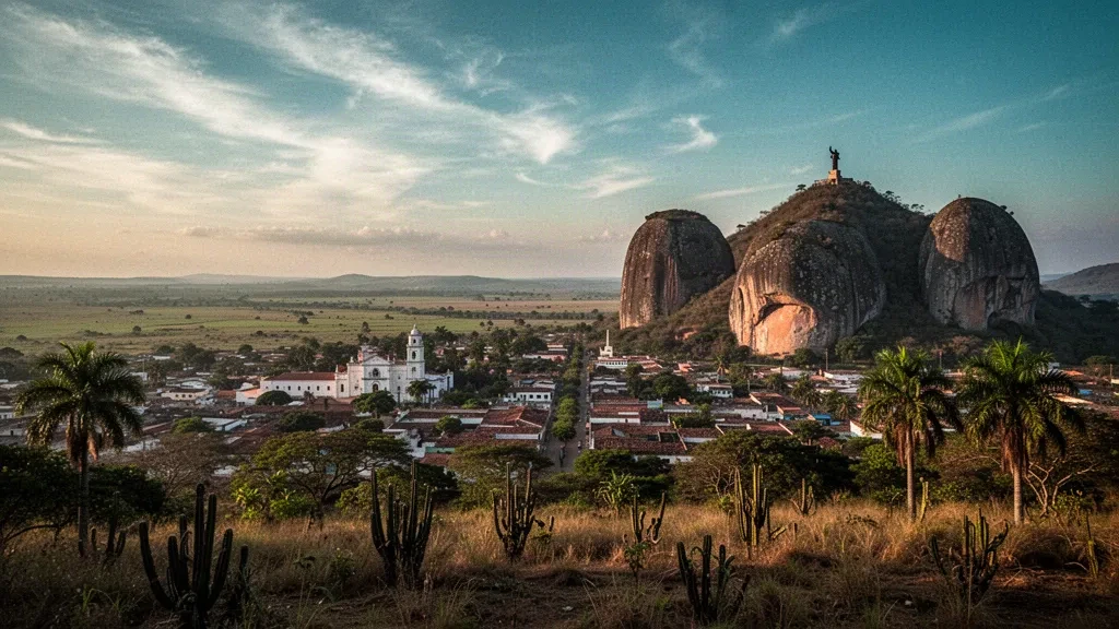Vista panorámica en hora dorada de San Juan de los Morros, Guárico, Venezuela, con las colinas calizas de Los Morros elevándose sobre el pueblo llanero