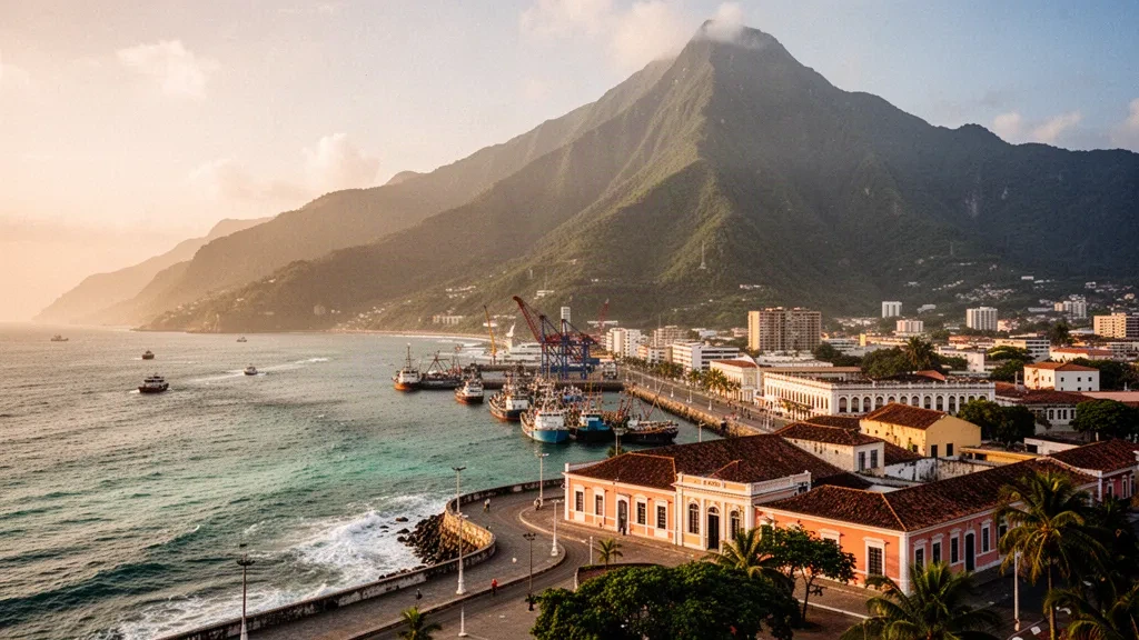 Costa caraibica di La Guaira, Venezuela, con edifici coloniali, il porto e la verde cresta montuosa di El Ávila nell'ora dorata