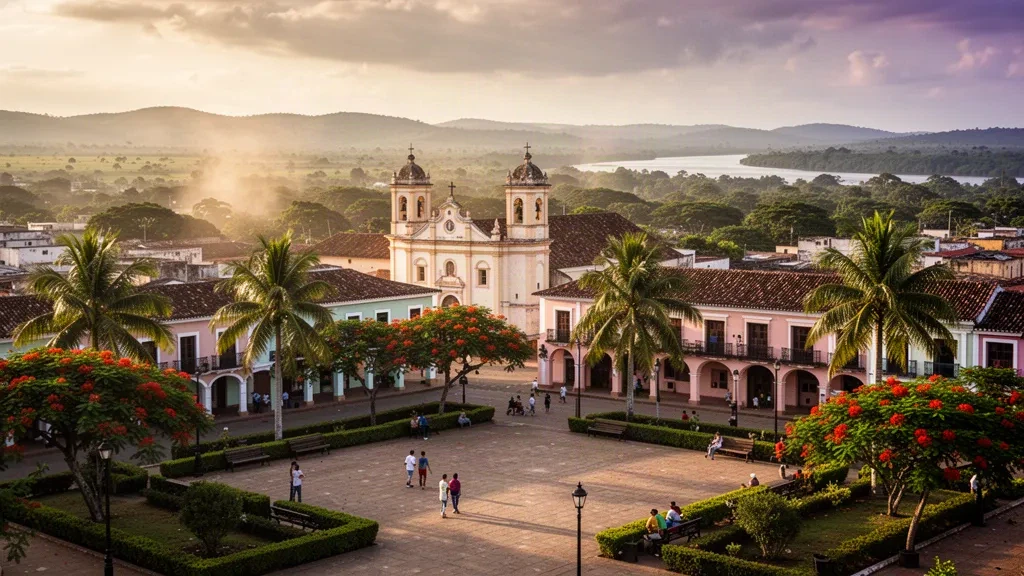 Blick zur goldenen Stunde über Maturín, Monagas, Venezuela, mit der Plaza Bolívar, der Kathedrale und üppigen tropischen Hügeln im Hintergrund