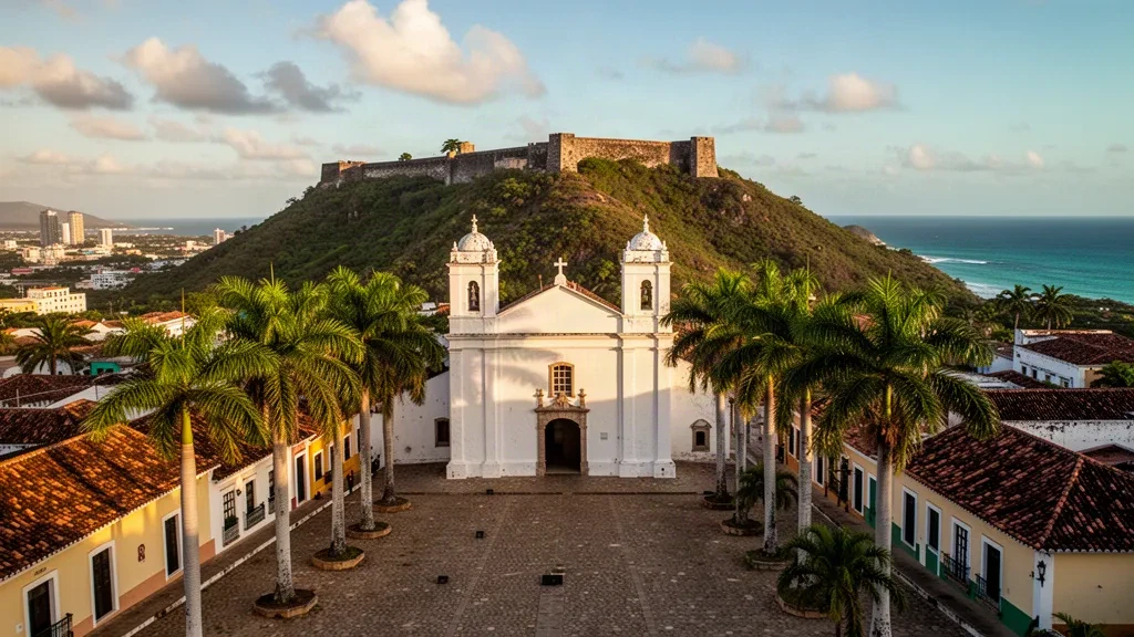 Kolonialkirche und Festung Santa Rosa auf dem Hügel mit Blick auf La Asunción, Nueva Esparta, Venezuela