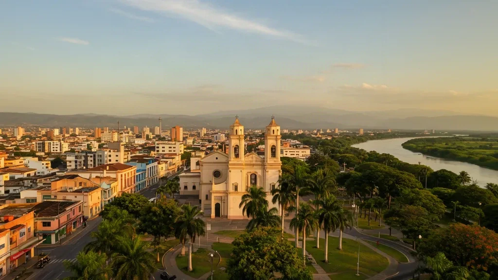 Vue à l'heure dorée de Maturín, Monagas, Venezuela, avec les tours jumelles de la cathédrale, la place ombragée Plaza Ayacucho et la rivière Guarapiche.