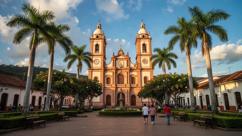 Guanare cathedral and Plaza Bolívar in Portuguesa, Venezuela, framed by palms in warm late-afternoon light