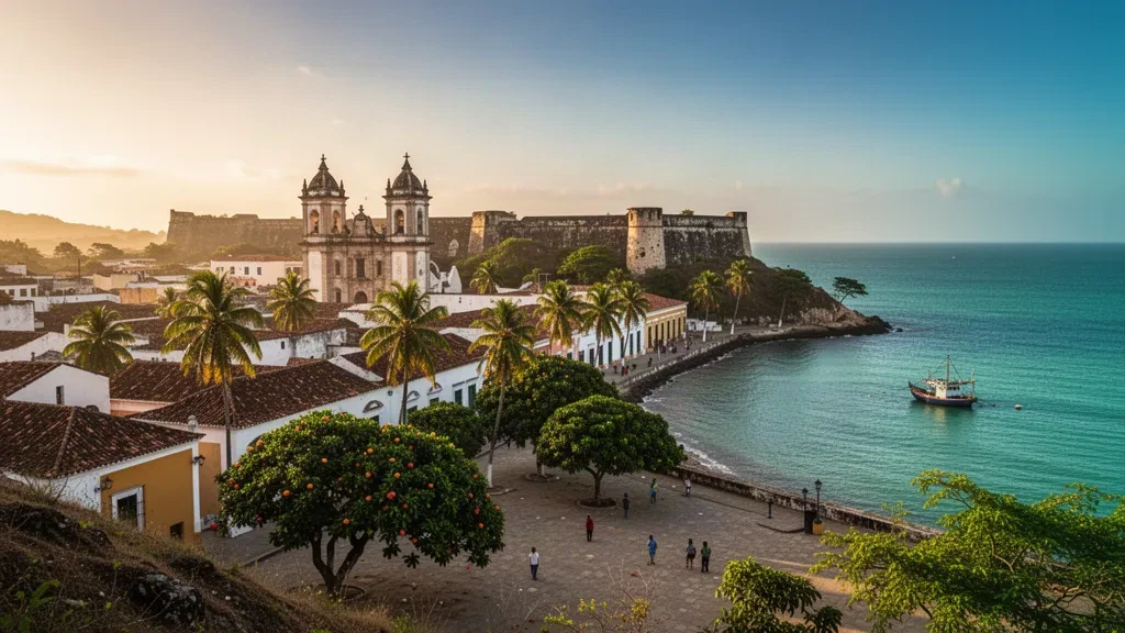 Golden-hour view over Cumaná, Sucre state, Venezuela, with colonial cathedral rooftops, palm trees and the Caribbean coastline