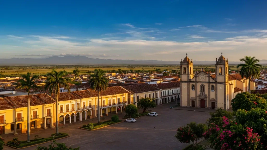 Blick zur goldenen Stunde auf Guanare, Portuguesa, Venezuela, mit den Türmen der Coromoto-Basilika, den Gebäuden der Plaza Bolívar und tropischen Dächern unter den Ebenen der Llanos