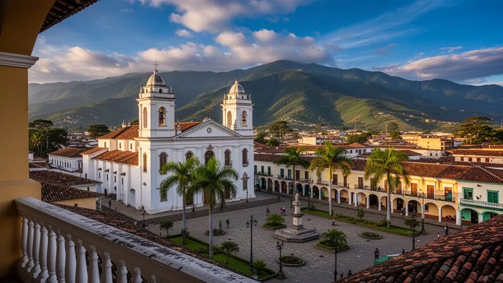 Catedral histórica de San Cristóbal y Plaza Bolívar en Táchira, Venezuela, enmarcadas por las montañas de los Andes durante la hora dorada.