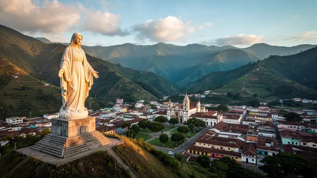 Monumento a la Virgen de la Paz che domina la città coloniale andina di Trujillo, Venezuela, durante l'ora d'oro