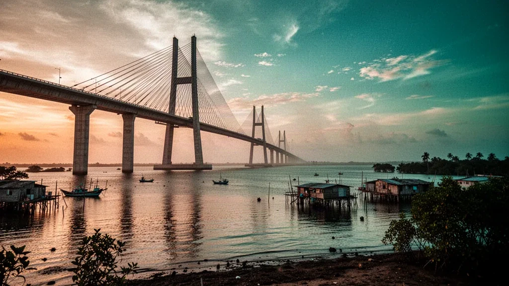 Die General-Rafael-Urdaneta-Brücke über den Maracaibo-See in Zulia, Venezuela, bei goldenem Sonnenuntergang mit Fischerbooten im Vordergrund