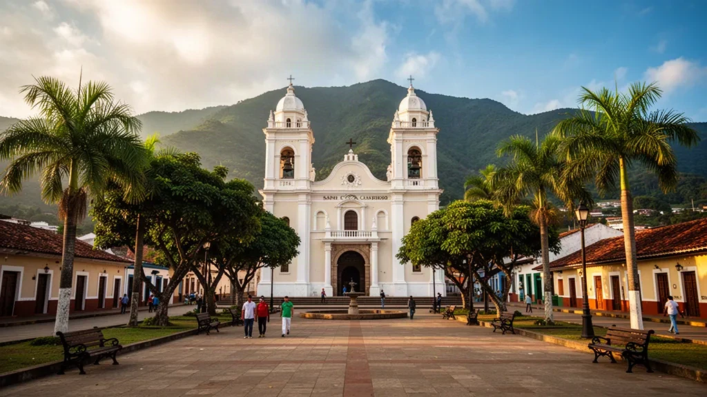 Cattedrale di San Felipe e Plaza Bolívar a Yaracuy, Venezuela, incorniciate da architettura coloniale, alberi tropicali e montagne verdi durante l'ora d'oro.