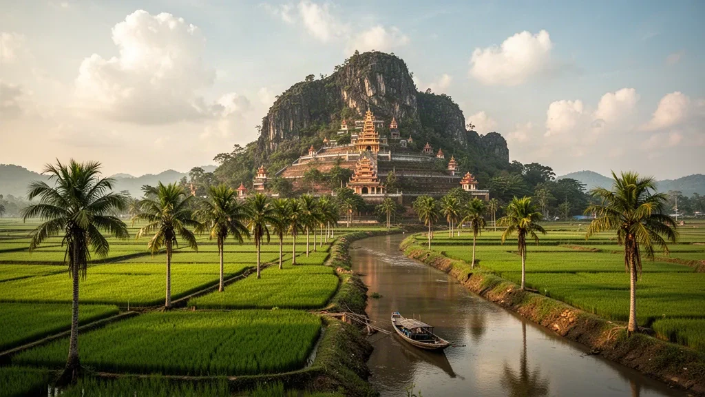 Der Sam-Berg erhebt sich über Reisfelder und einen Kanal in Chau Doc, An Giang, Vietnam, in warmem Licht des späten Nachmittags