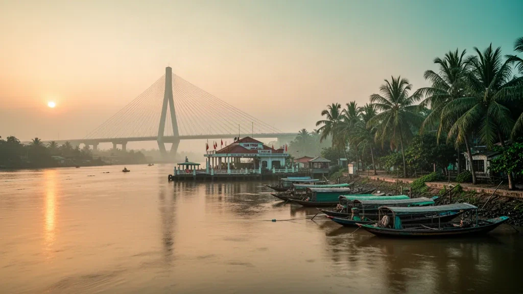 Sonnenaufgang über dem Ninh-Kiều-Kai und der Cần-Thơ-Brücke am Hau-Fluss in Cần Thơ, Vietnam.