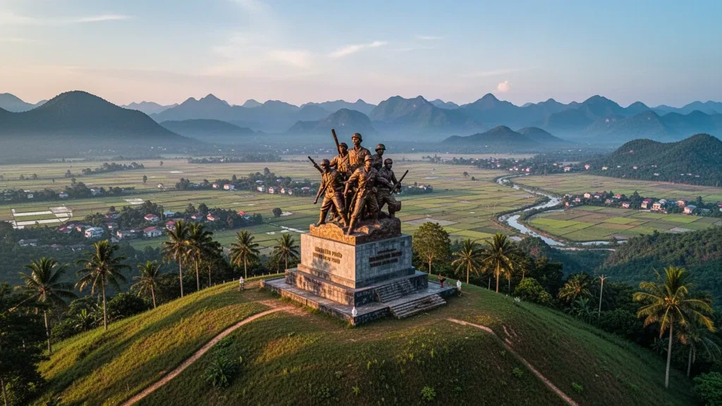 Điện Biên Phủ Victory Monument on a green hilltop above the Muong Thanh valley in Điện Biên, Vietnam, in soft golden light