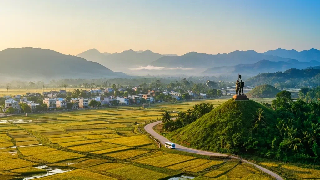 Vista durante la hora dorada sobre el valle de Mường Thanh en Điện Biên Phủ, Vietnam, con campos de arroz, tejados de la ciudad y el Monumento a la Victoria en su colina.