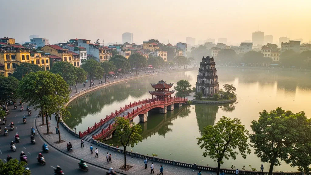 Golden sunrise over Hoàn Kiếm Lake in Hà Nội, with Thê Húc Bridge and Turtle Tower framed by the Old Quarter skyline