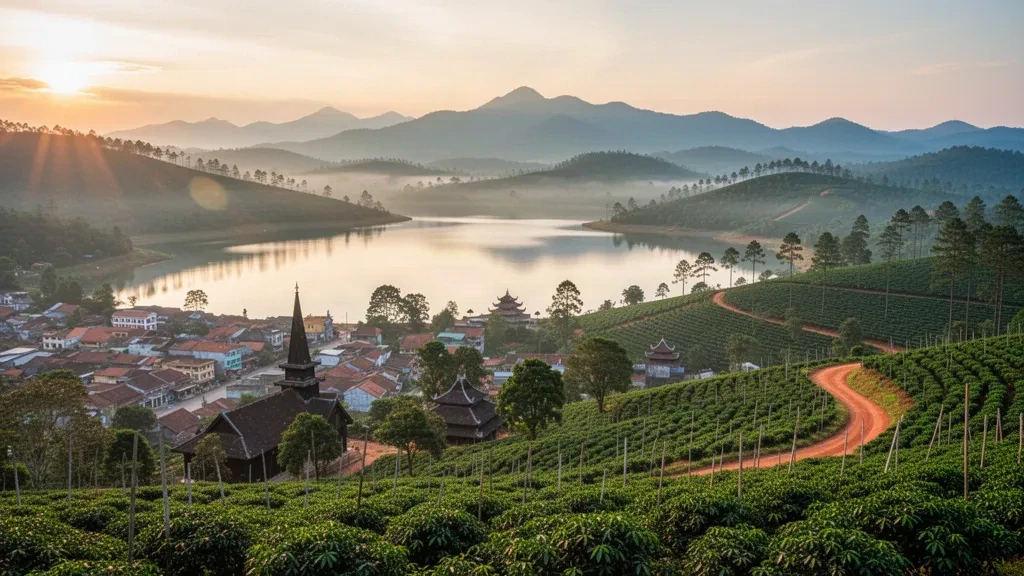 Vue à l'heure dorée sur Pleiku, Gia Lai, Vietnam, avec le lac Bien Ho, les plantations de café et les crêtes couvertes de pins