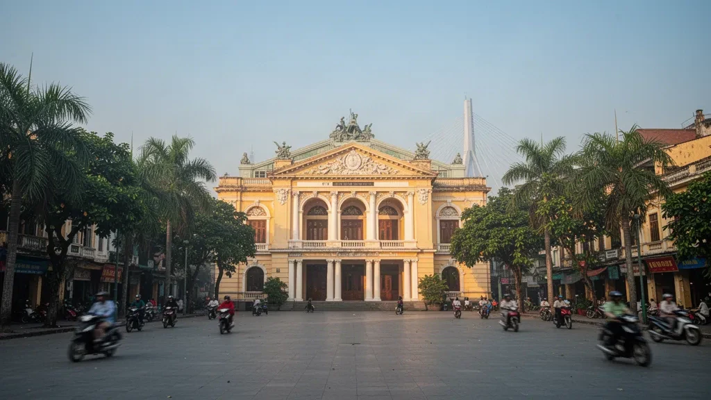 Vietnam'ın merkezindeki Hải Phòng'da Fransız sömürge dönemi Opera Binası ve ağaçlarla çevrili meydanının altın saat manzarası