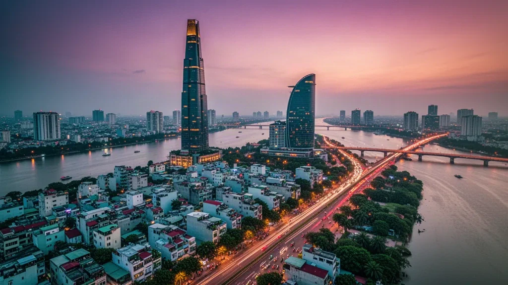Skyline von Ho-Chi-Minh-Stadt in der Abenddämmerung mit dem Landmark 81 und dem Bitexco-Tower über dem Saigon-Fluss in Vietnam