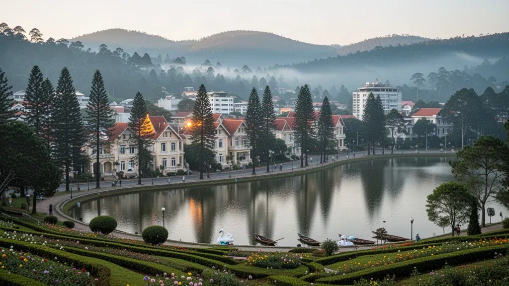 Collines de pins brumeuses et villas coloniales surplombant le lac à Da Lat, province de Lam Dong, Vietnam, au lever du soleil